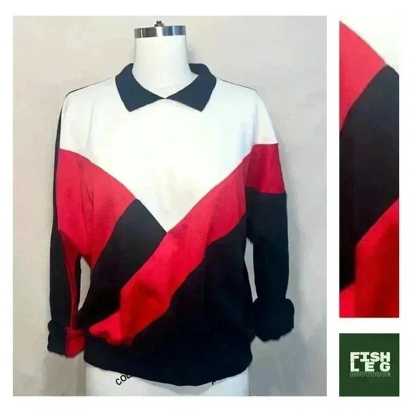 Alfred Dunner Sweaters - Vintage | Alfred Dunner 80s Colorblocked Pullover - Black & Red & White / Sz L
